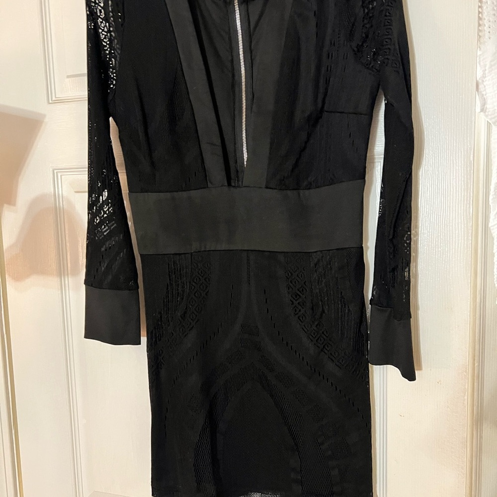 Black Bodycon Dress with Plunge Neckline and Cuffed Sleeves